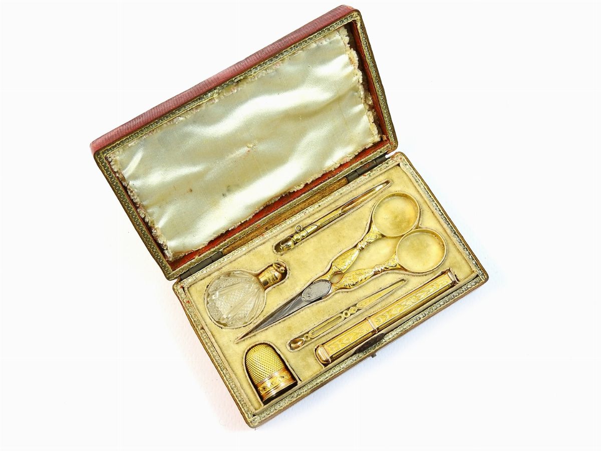 Set da Cucito in Oro Giallo, Acciaio e Vetro