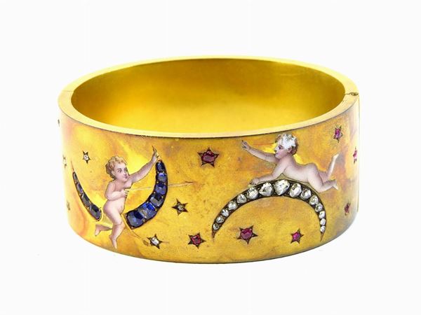 Yellow gold bangle with enamels, diamonds, sapphires and rubies