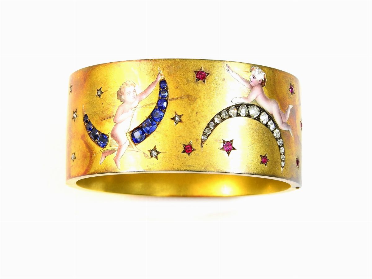 Bracciale Rigido in Oro Giallo, Smalti, Diamanti, Zaffiri e Rubini