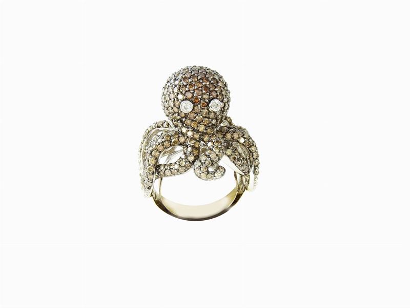 Anello Animalier in Oro Bianco e Diamanti Incolori e Brown