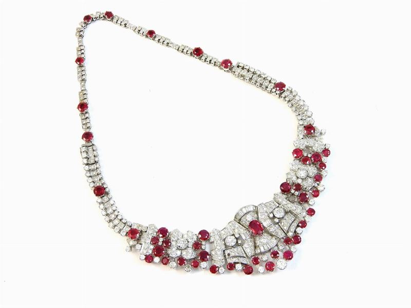 Parure Collana, Bracciale e Orecchini in Oro Bianco, Diamanti e Rubini