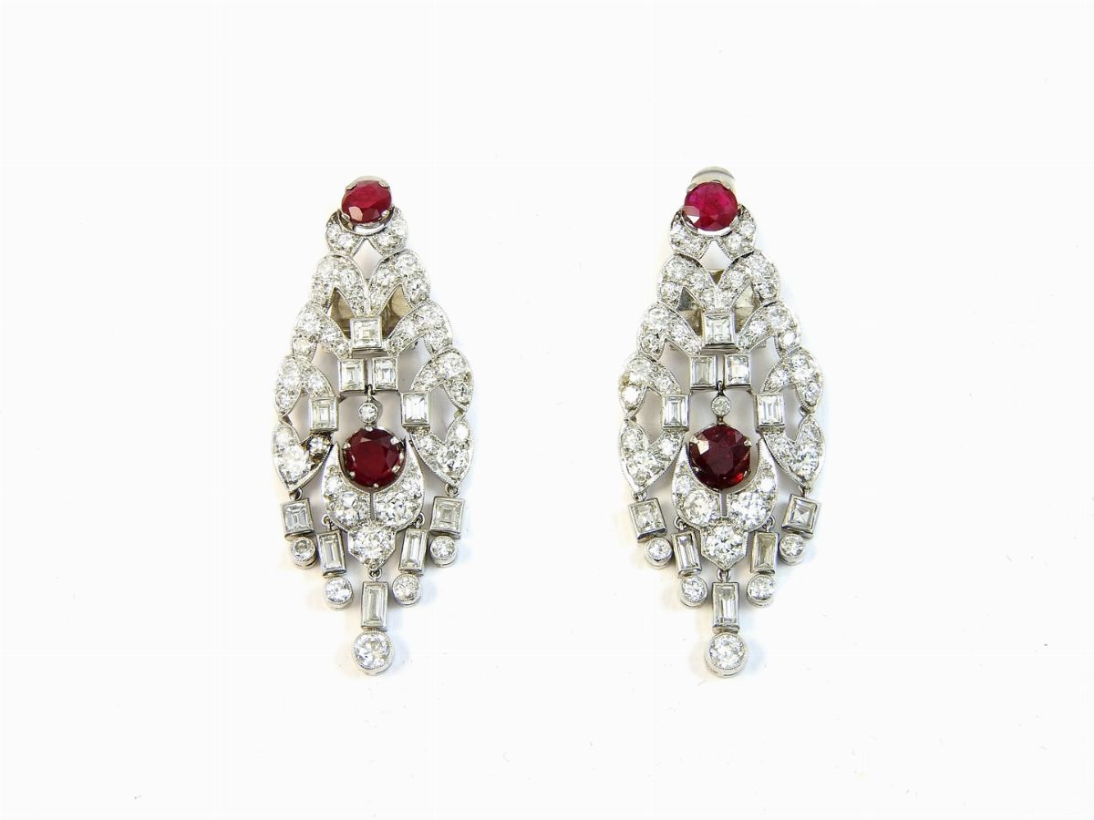 Parure Collana, Bracciale e Orecchini in Oro Bianco, Diamanti e Rubini