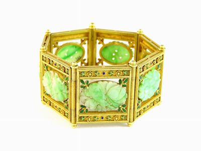 Bracciale a Piastre in Oro Giallo, Smalti e Giade