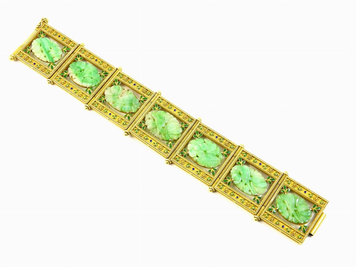 Bracciale a Piastre in Oro Giallo, Smalti e Giade