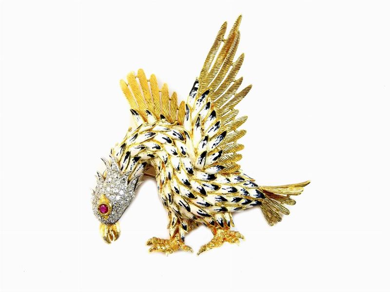 Spilla Animalier in Oro Giallo, Bianco, Smalti Policromi, Diamanti e Rubino