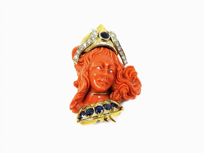 Spilla in Oro Giallo, Bianco, Diamanti, Zaffiri e Corallo Rosso