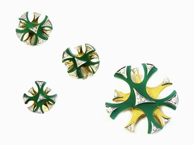 Parure Anello, Orecchini e Spilla in Oro Giallo, Bianco, Diamanti e Agata Verde