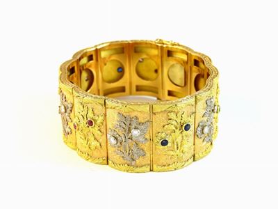 Bracciale in Oro Rosa, Giallo e Bianco, Diamanti, Rubini, Zaffiri e Smeraldi