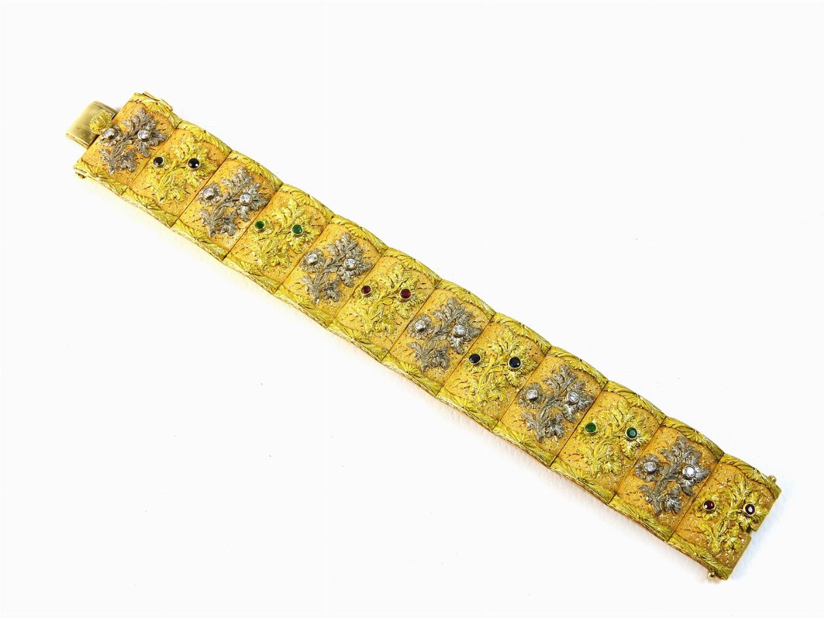 Bracciale in Oro Rosa, Giallo e Bianco, Diamanti, Rubini, Zaffiri e Smeraldi