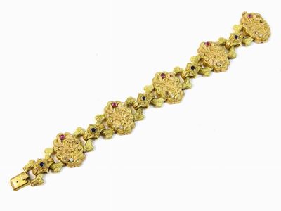 Bracciale in Oro Giallo e Rosa, Diamanti, Rubini e Zaffiri