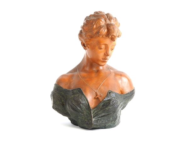 Patinated Terracotta Bust of a Young Lady with Pendant