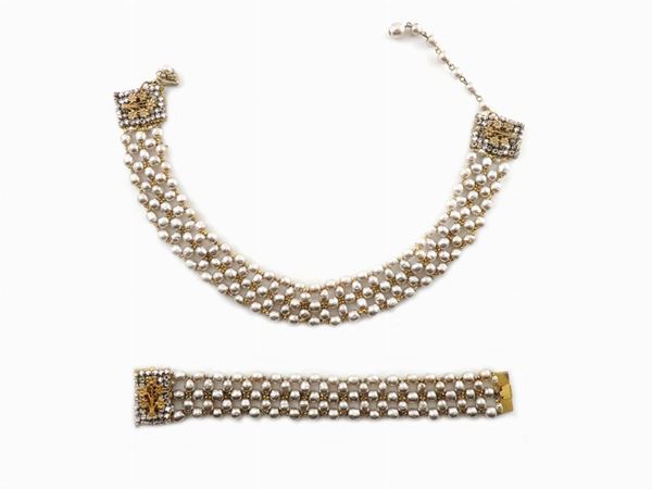 Mirian Haskell Goldtone metal, baroque fauxe pearls and rhinestones set