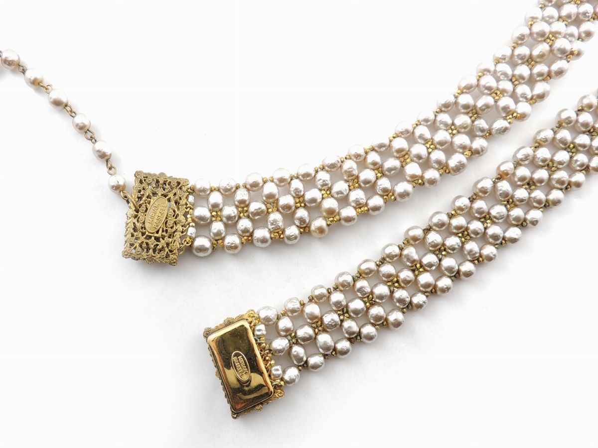 Parure Mirian Haskell in Perle Barocche Simulate, Metallo Dorato e Strass