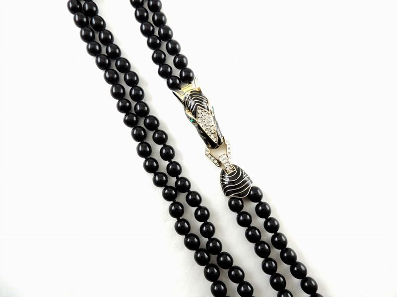 Collana Les Bernard Nyc in Vetro Nero, Metallo Dorato, Smalto e Strass