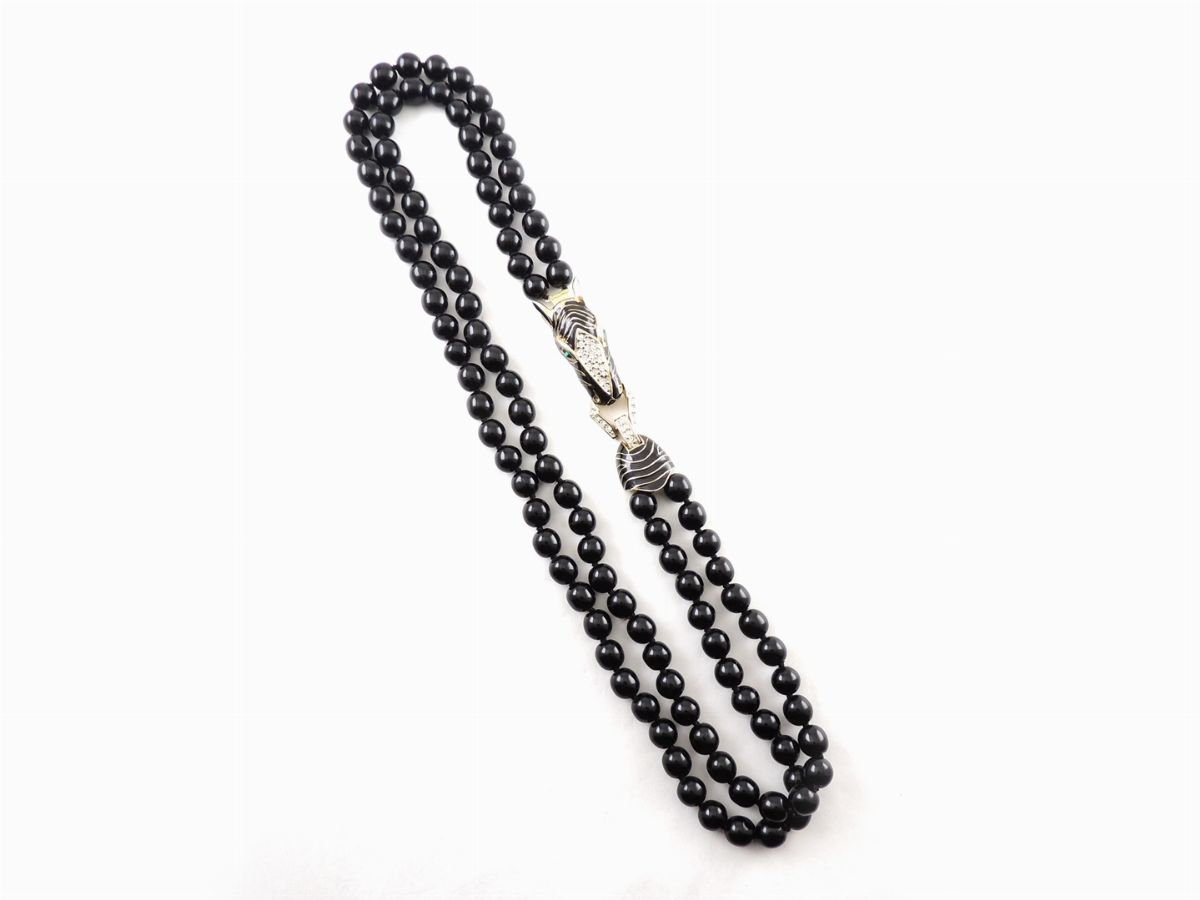 Collana Les Bernard Nyc in Vetro Nero, Metallo Dorato, Smalto e Strass