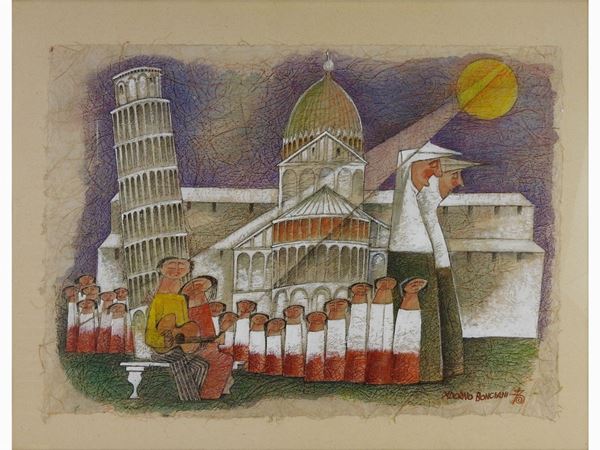 Adorno Bonciani - Veduta del Duomo di Pisa con personaggi