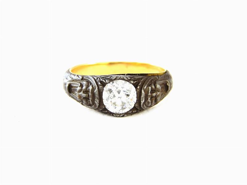 Anello Solitario in Ferro e Oro Giallo con Diamante