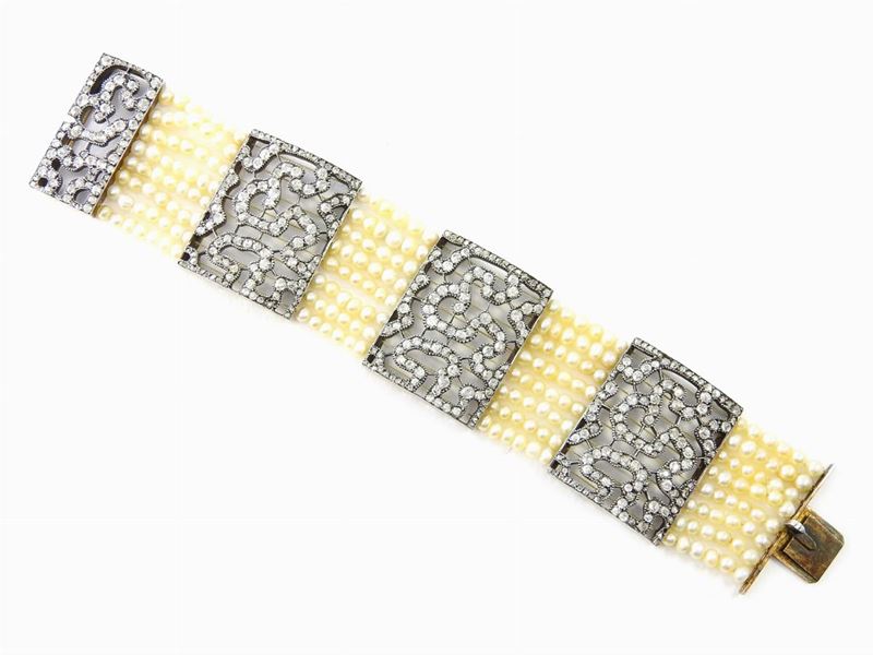 Bracciale in Argento, Oro Giallo, Diamanti e Perle