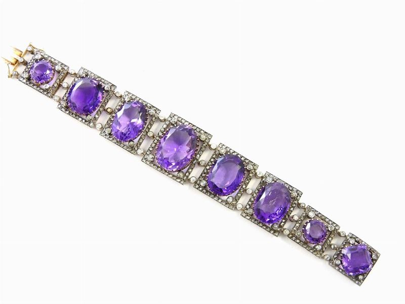 Bracciale in Oro Giallo, Argento, Diamanti e Ametista