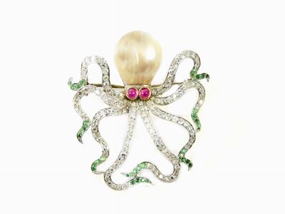 Spilla Animaler in Oro Bianco, Diamanti, Smeraldi e Grande Perla Naturale