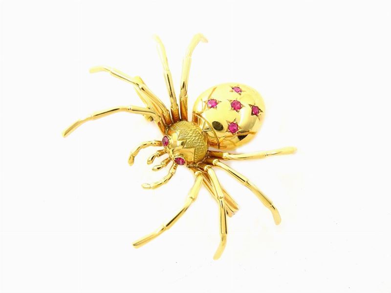 Spilla Animalier in Oro Giallo e Rubini Sintetici