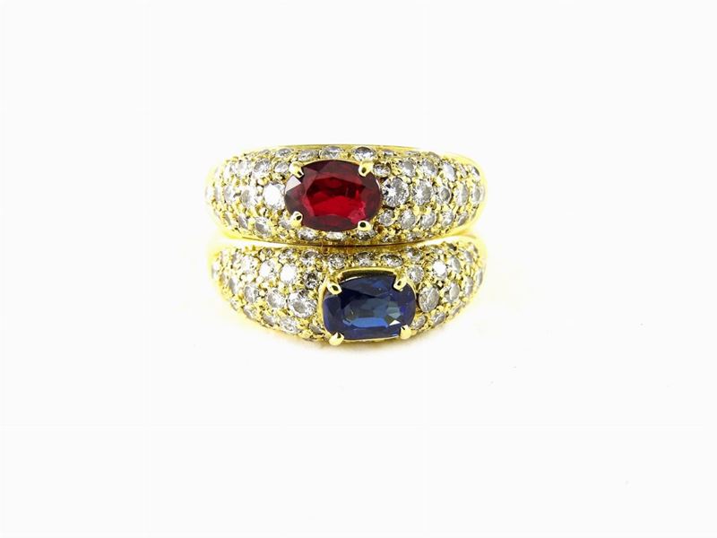 Anello a Doppia Fascia Oro Giallo, Diamanti, Rubino e Zaffiro