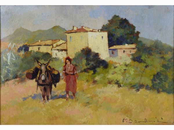 Carlo Domenici - Tuscan Landscape with Country Woman and Donkey