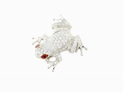 Spilla Animalier in Oro Bianco, Diamanti e Rubini