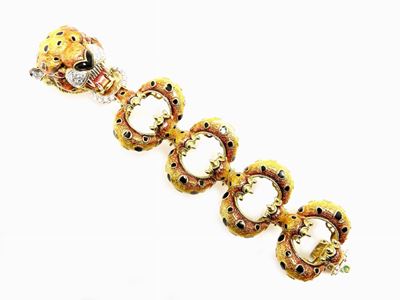 Bracciale Animalier in Oro Giallo e Bianco, Smalti Policromi e Diamanti