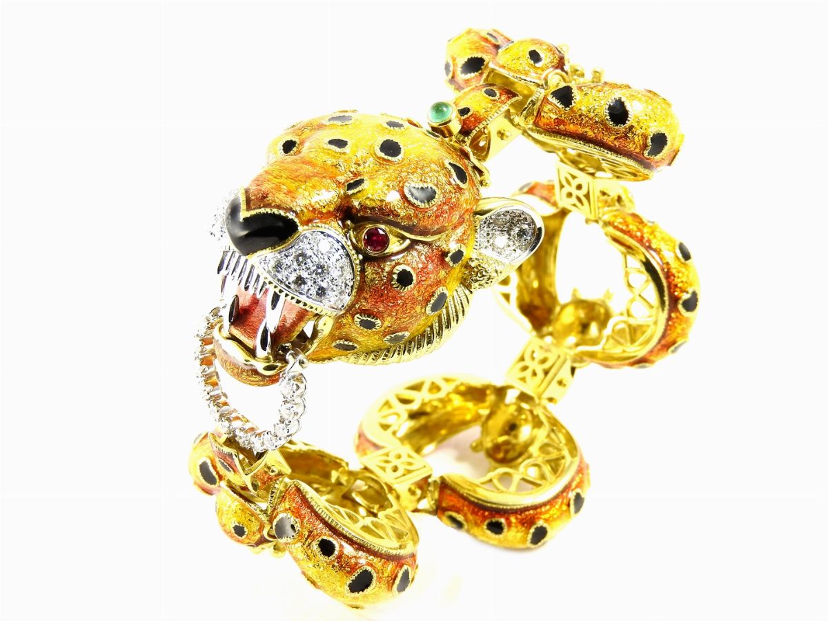Bracciale Animalier in Oro Giallo e Bianco, Smalti Policromi e Diamanti