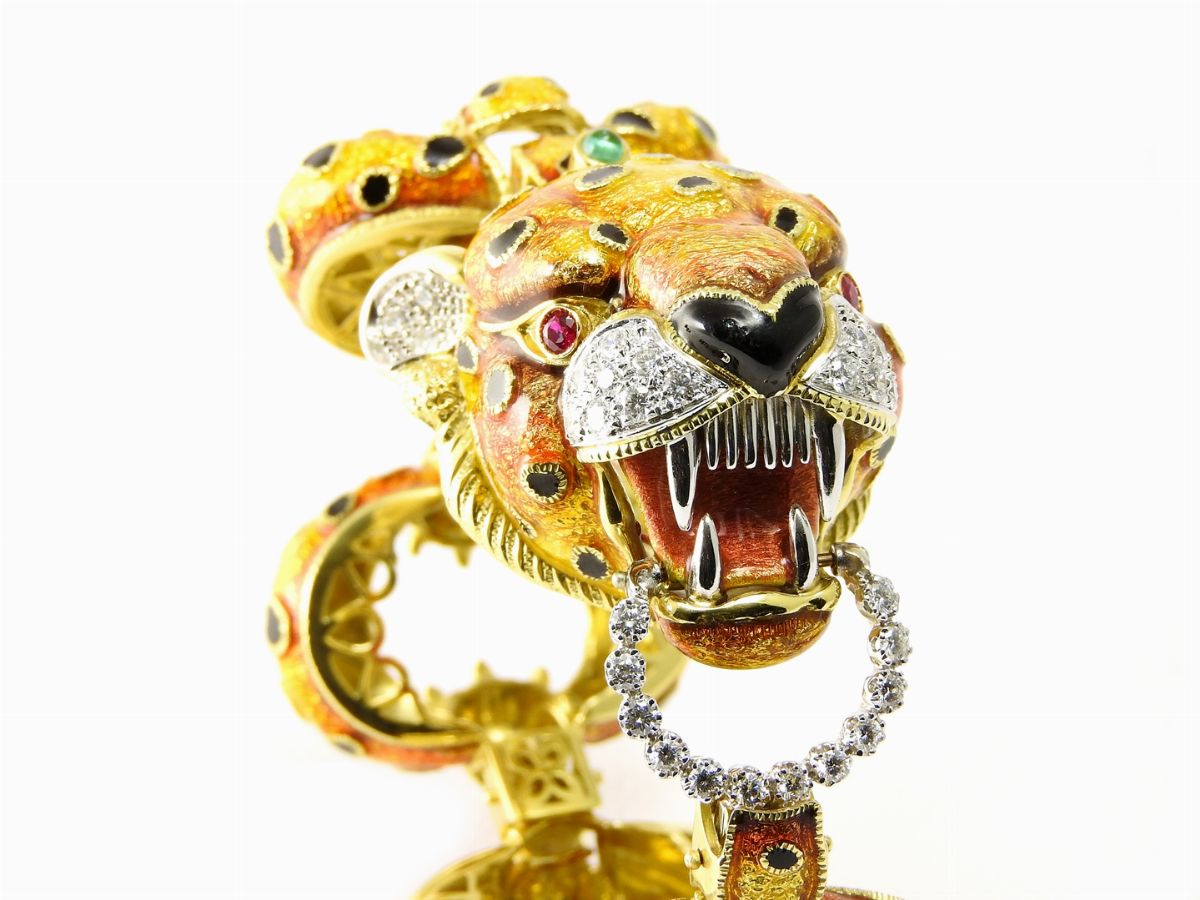 Bracciale Animalier in Oro Giallo e Bianco, Smalti Policromi e Diamanti