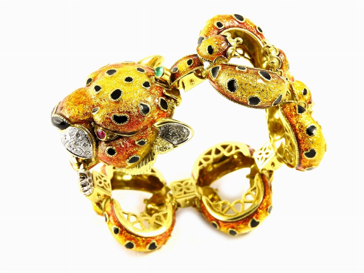 Bracciale Animalier in Oro Giallo e Bianco, Smalti Policromi e Diamanti