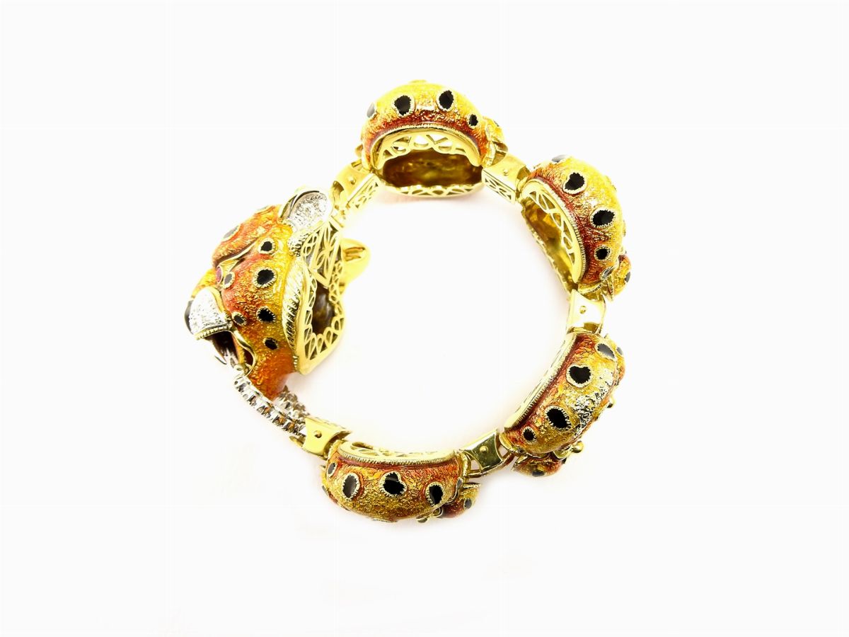 Bracciale Animalier in Oro Giallo e Bianco, Smalti Policromi e Diamanti
