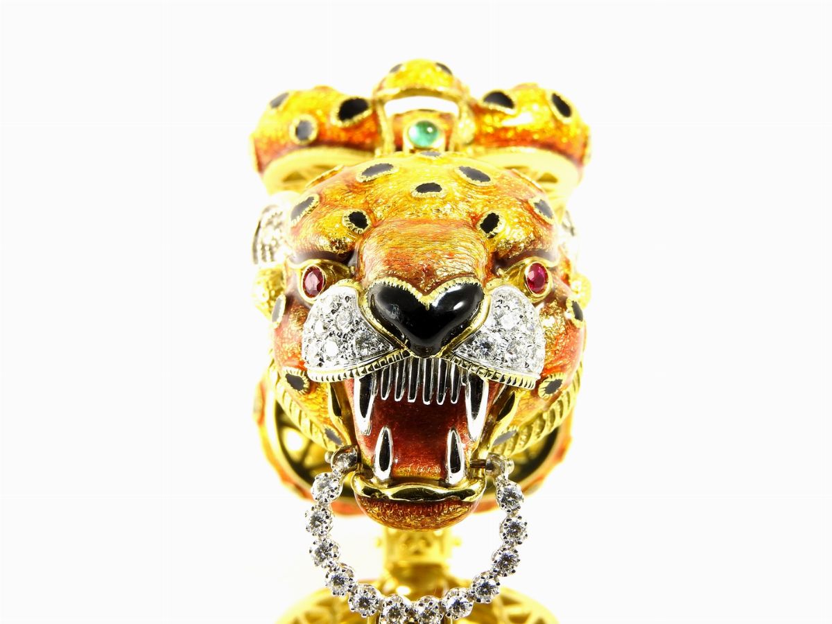 Bracciale Animalier in Oro Giallo e Bianco, Smalti Policromi e Diamanti