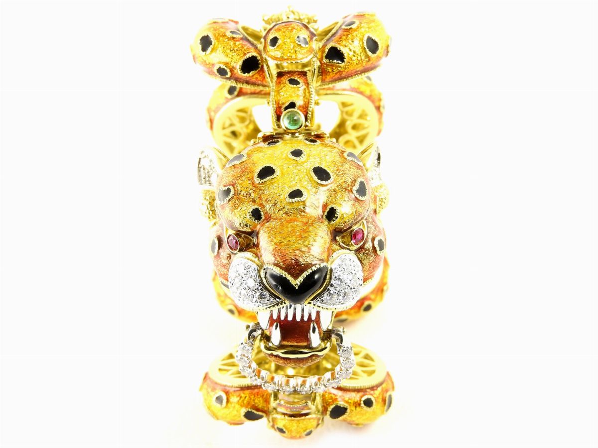 Bracciale Animalier in Oro Giallo e Bianco, Smalti Policromi e Diamanti