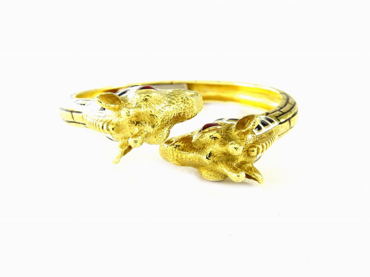 Bracciale Rigido Animalier in Oro Giallo e Smalti Policromi