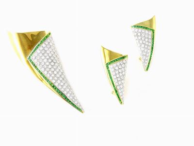 Parure Spilla e Orecchini in Oro Giallo, Diamanti e Granati Tsavorite