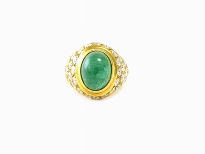 Anello in Oro Giallo, Diamanti e Smeraldo