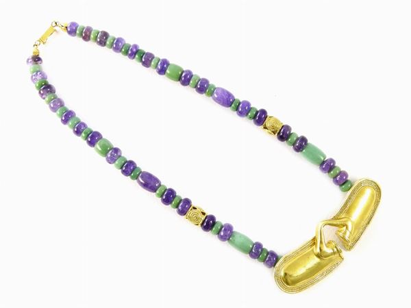 Yellow gold ethnic necklace with amethist and aventurine quartz  (Colombia)  - Auction Jewels and Watches - II - II - Maison Bibelot - Casa d'Aste Firenze - Milano