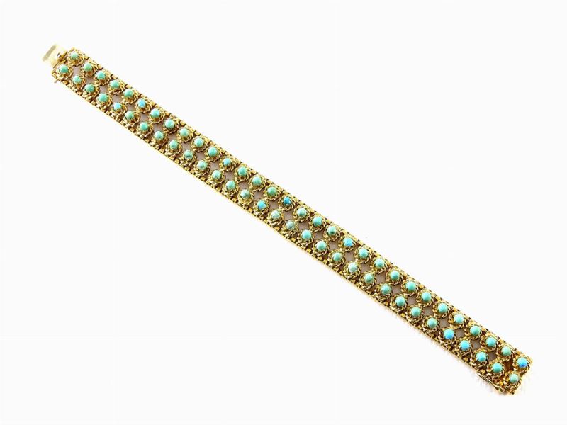 Bracciale a Maglia Morbida in Oro Giallo e Turchesi