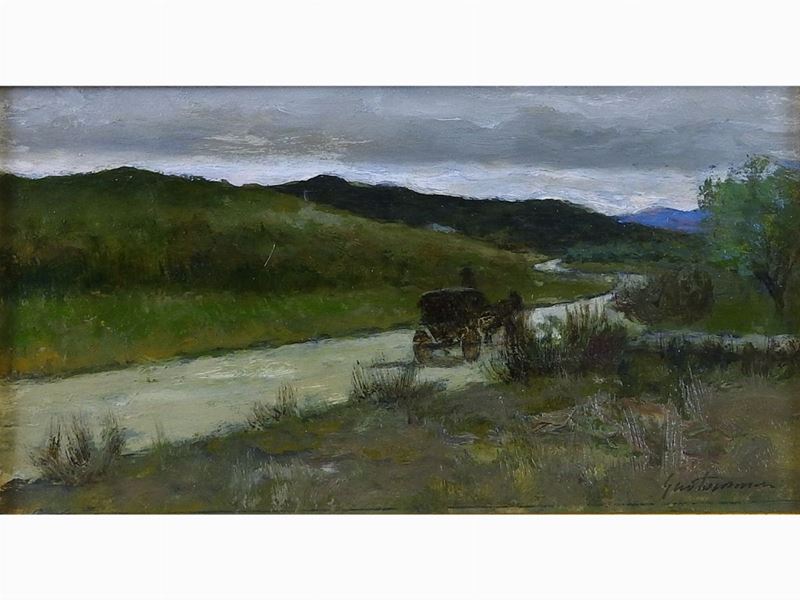 Gino Tommasi - Scorcio di Strada con Carrozza e Gregge al Pascolo