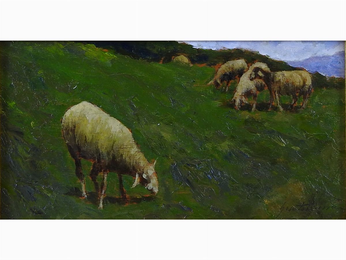 Gino Tommasi - Scorcio di Strada con Carrozza e Gregge al Pascolo