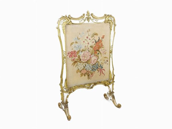 Giltwood and Lacquered Pastiglia Fire Screen With Embroidered Panel