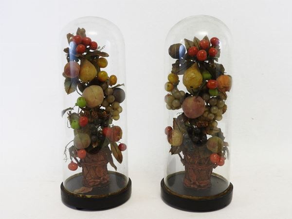 Pair of Fruit Compositions under Blown Glass Dome