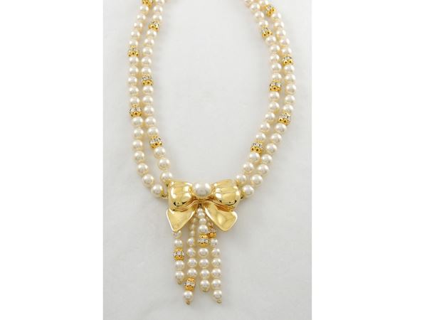 Valentino Faux pearls, goldtone metal  and strass necklace