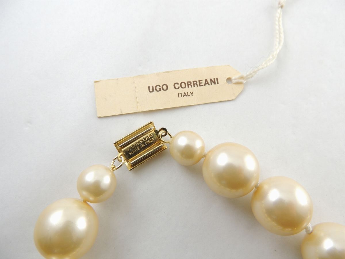 Collana Ugo Correani in Perle Silulate, Metallo Dorato e Strass