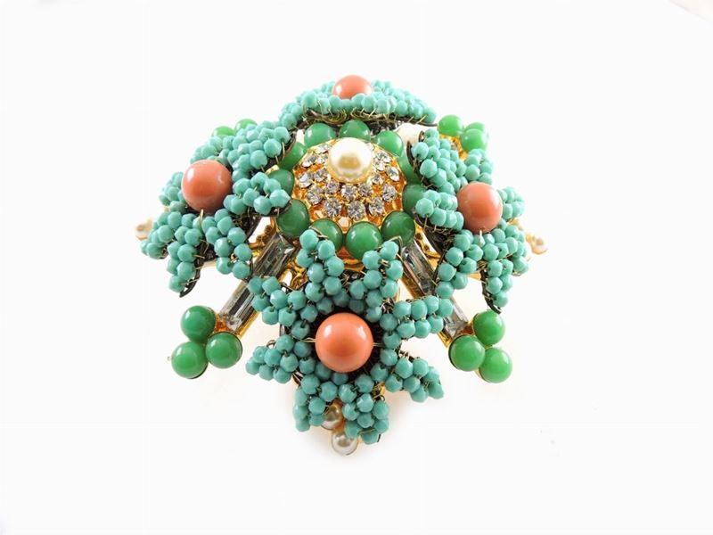 Spilla Stanley Hagler n.y.C. in Perle di Vetro, Strass e Perle Simulate