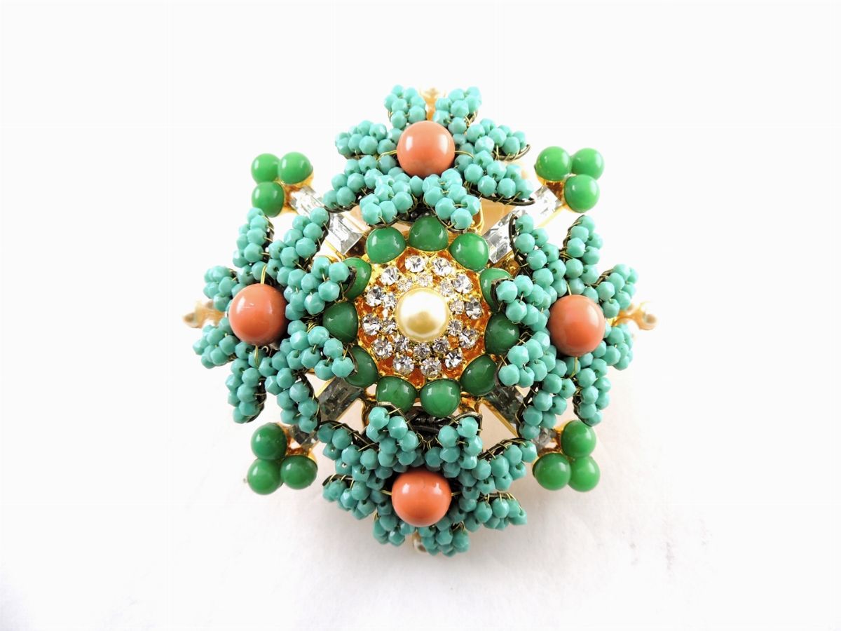 Spilla Stanley Hagler n.y.C. in Perle di Vetro, Strass e Perle Simulate