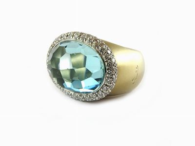 Anello in Oro Giallo e Bianco, Diamanti e Acquamarina