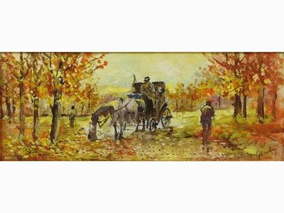 Scorcio di Strada con Carrozza e Paesaggio Campestre con Armenti